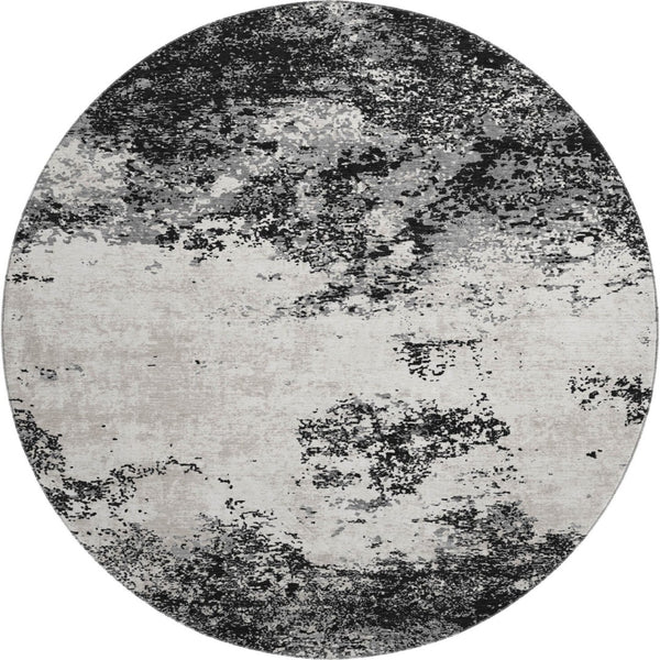 HomeRoots 8' Abstract Round Rug in Black, Gray & Silver - Washable, UV Protected, Stylish & Durable Design 680612