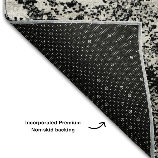 HomeRoots 8' Abstract Round Rug in Black, Gray & Silver - Washable, UV Protected, Stylish & Durable Design 680612