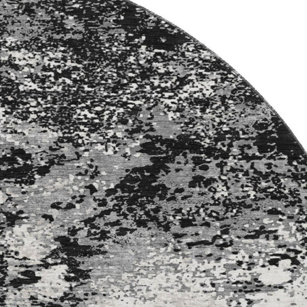 HomeRoots 8' Abstract Round Rug in Black, Gray & Silver - Washable, UV Protected, Stylish & Durable Design 680612