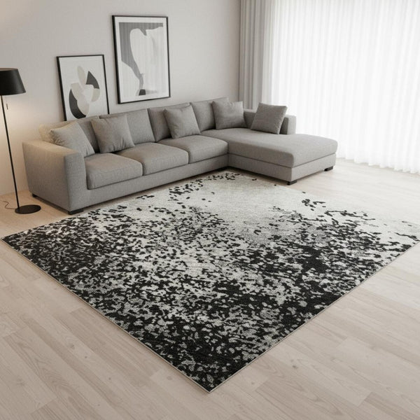 HomeRoots 9' X 12' Black Gray Silver Abstract Washable Area Rug - Stylish, Durable, Pet-Friendly & UV-Protected 680614