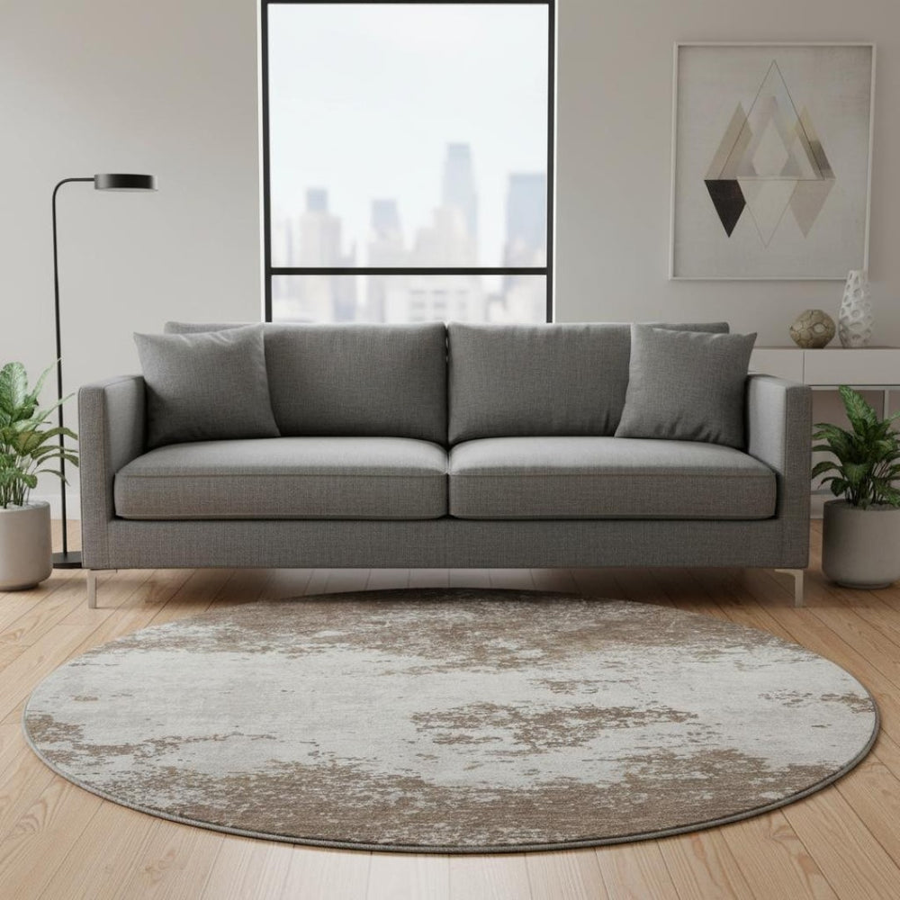 HomeRoots 8' Brown and Beige Abstract Washable Round Rug - Durable, Stylish, Stain-Resistant, UV Protected Design 680618