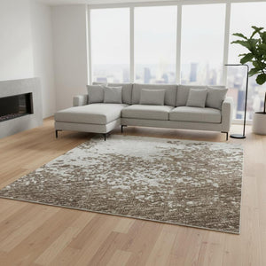 HomeRoots 10' X 14' Brown And Beige Abstract Washable Area Rug - Durable, UV-Protected, Family-Friendly Design 680621
