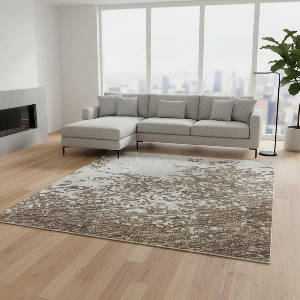 HomeRoots 10' X 14' Brown And Beige Abstract Washable Area Rug - Durable, UV-Protected, Family-Friendly Design 680621
