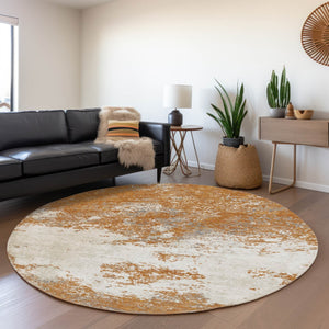 HomeRoots 8' Copper and Beige Abstract Round Area Rug - Washable, UV-Protected, Stain-Resistant Comfort for Homes 680624