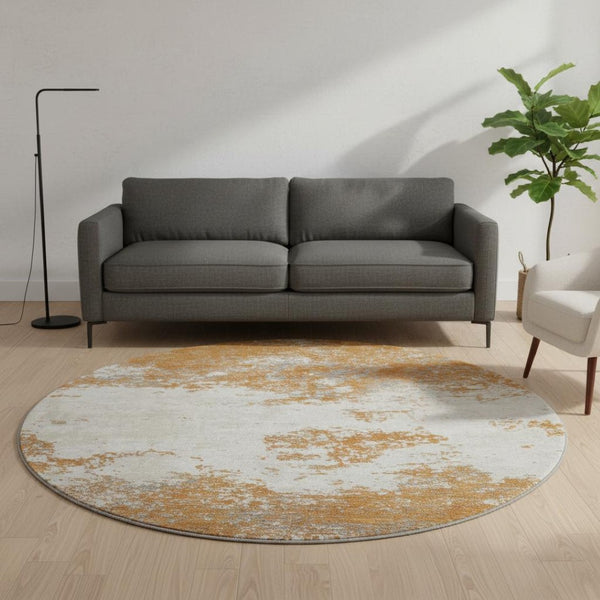 HomeRoots 8' Copper and Beige Abstract Round Area Rug - Washable, UV-Protected, Stain-Resistant Comfort for Homes 680624