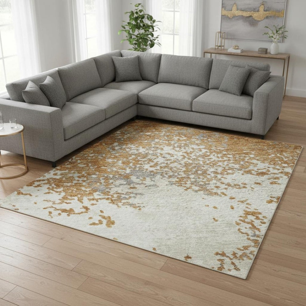 HomeRoots 9' X 12' Copper and Beige Abstract Area Rug - Washable, UV-Protected, Durable for Homes with Kids & Pets 680626