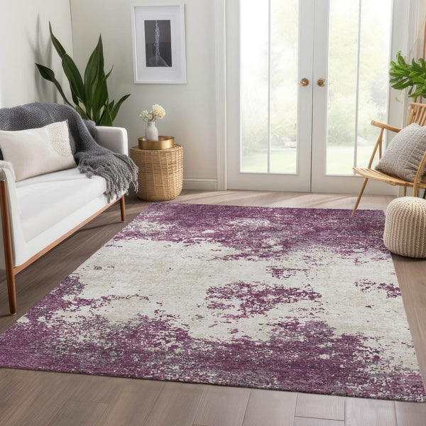 HomeRoots 5' X 8' Eggplant and Ivory Abstract Area Rug - Washable, UV Protected, Durable for Modern Homes 680629