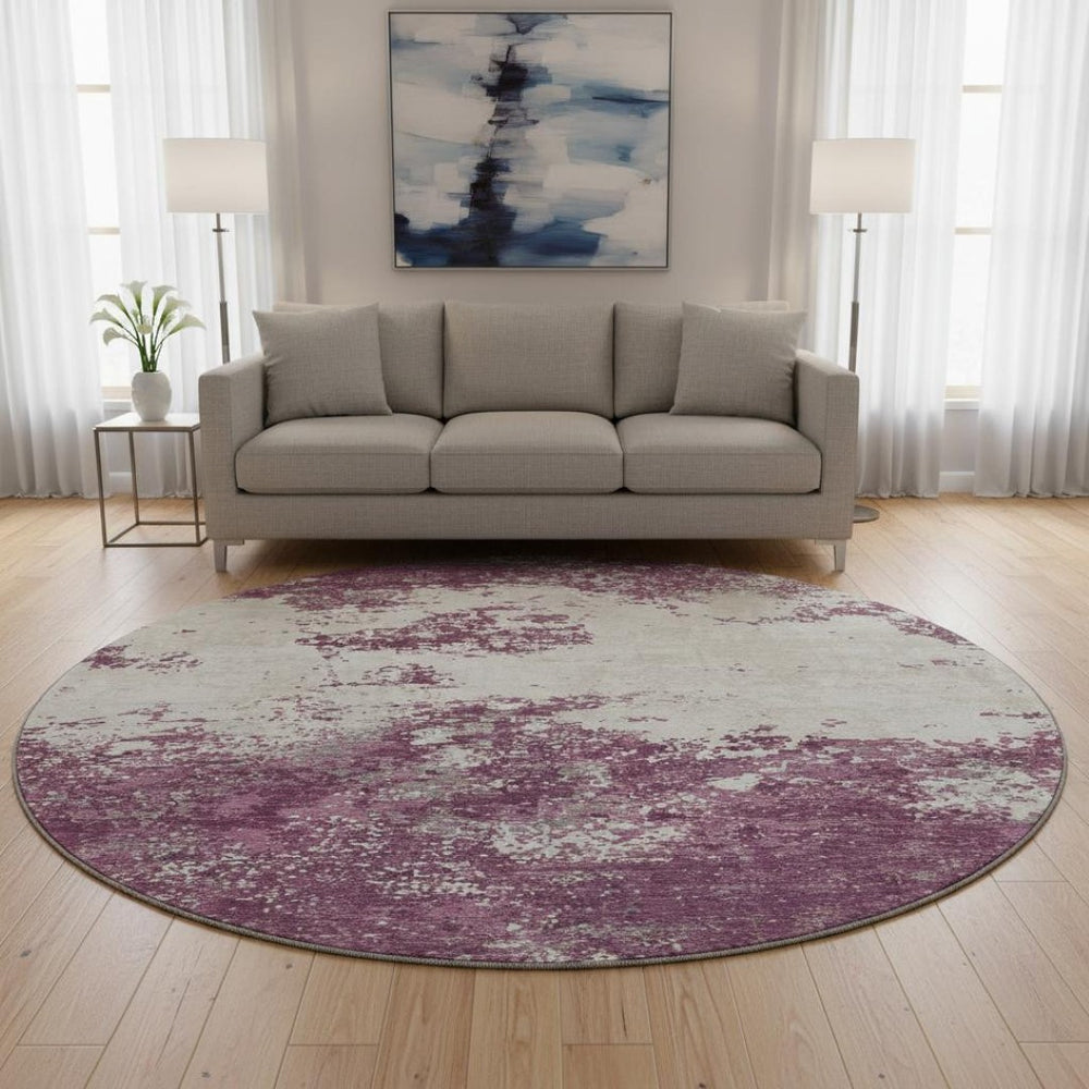 HomeRoots 8' Eggplant and Ivory Abstract Round Rug - Washable, UV Protected, Stylish & Durable for Any Space 680630