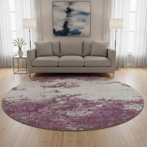 HomeRoots 8' Eggplant and Ivory Abstract Round Rug - Washable, UV Protected, Stylish & Durable for Any Space 680630