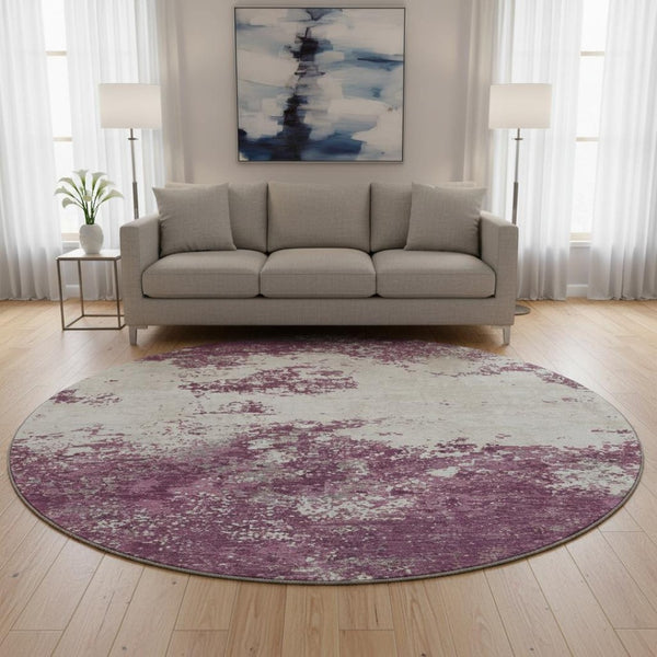 HomeRoots 8' Eggplant and Ivory Abstract Round Rug - Washable, UV Protected, Stylish & Durable for Any Space 680630