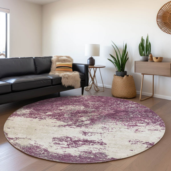 HomeRoots 8' Eggplant and Ivory Abstract Round Rug - Washable, UV Protected, Stylish & Durable for Any Space 680630