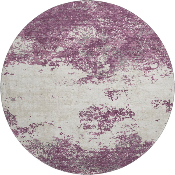 HomeRoots 8' Eggplant and Ivory Abstract Round Rug - Washable, UV Protected, Stylish & Durable for Any Space 680630