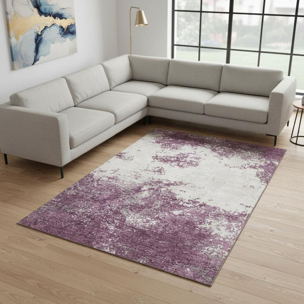 HomeRoots 9' X 12' Eggplant and Ivory Abstract Washable Area Rug – Durable, UV-Protected, Pet-Friendly Design 680632