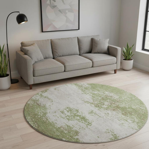 HomeRoots 8' Green And Ivory Abstract Washable Round Rug - Durable, UV Resistant, Stylish for High Traffic Areas 680636