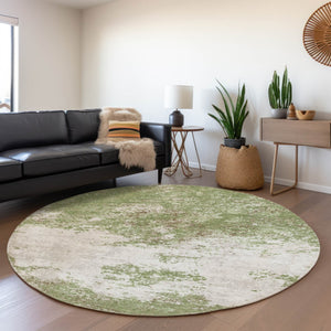 HomeRoots 8' Green And Ivory Abstract Washable Round Rug - Durable, UV Resistant, Stylish for High Traffic Areas 680636