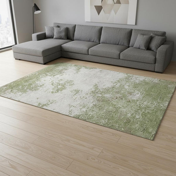 HomeRoots 9' X 12' Green And Ivory Abstract Area Rug - Washable, UV-Protected, Durable for High-Traffic Homes 680638
