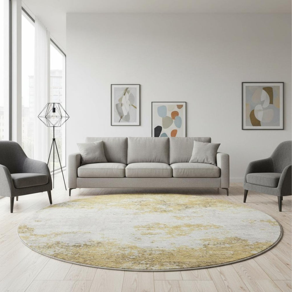 HomeRoots 8' Gold and Beige Abstract Round Rug - Washable, UV Protected, Ideal for Busy Homes & Modern Decor 680642