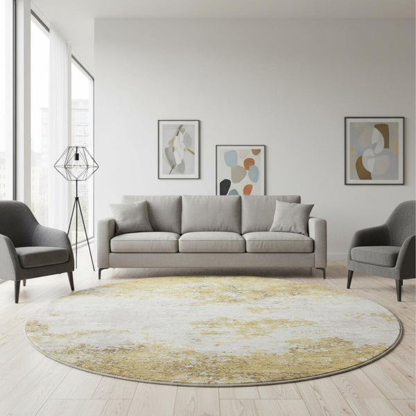 HomeRoots 8' Gold and Beige Abstract Round Rug - Washable, UV Protected, Ideal for Busy Homes & Modern Decor 680642