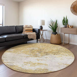 HomeRoots 8' Gold and Beige Abstract Round Rug - Washable, UV Protected, Ideal for Busy Homes & Modern Decor 680642