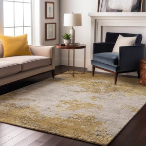 HomeRoots 9' Abstract Gold & Beige Washable Area Rug – UV-Protected, Stain-Resistant, Perfect for High-Traffic Spaces 680644