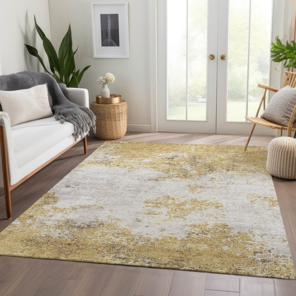 HomeRoots 9' Abstract Gold & Beige Washable Area Rug – UV-Protected, Stain-Resistant, Perfect for High-Traffic Spaces 680644