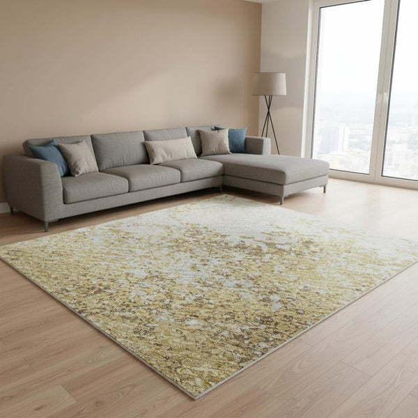 HomeRoots 10' X 14' Gold and Beige Abstract Washable Area Rug - Stylish, Stain-Resistant, UV Protected Comfort 680645