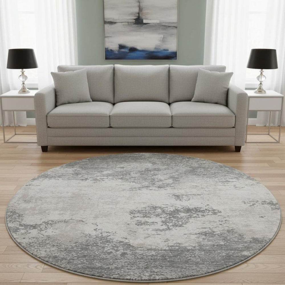 HomeRoots 8' Gray And Silver Abstract Washable Round Rug - Stylish, Durable, UV-Protected, Perfect for High-Traffic Areas 680648