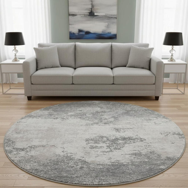 HomeRoots 8' Gray And Silver Abstract Washable Round Rug - Stylish, Durable, UV-Protected, Perfect for High-Traffic Areas 680648