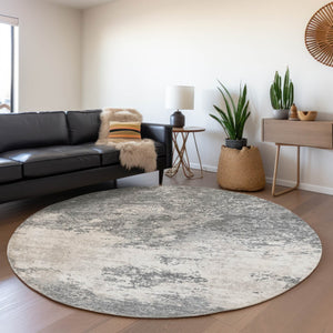 HomeRoots 8' Gray And Silver Abstract Washable Round Rug - Stylish, Durable, UV-Protected, Perfect for High-Traffic Areas 680648