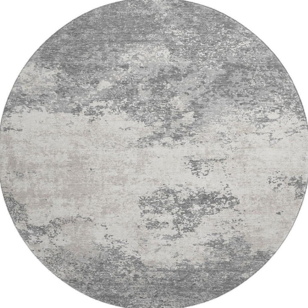 HomeRoots 8' Gray And Silver Abstract Washable Round Rug - Stylish, Durable, UV-Protected, Perfect for High-Traffic Areas 680648