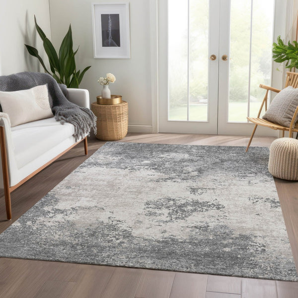 HomeRoots 9' X 12' Stylish Gray & Silver Abstract Washable Area Rug - UV Protected, Stain Resistant, Durable Design 680650