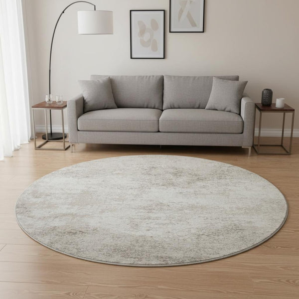 HomeRoots 8' Ivory and Beige Abstract Washable Round Rug – Stylish, Durable, UV-Protected for High-Traffic Areas 680654