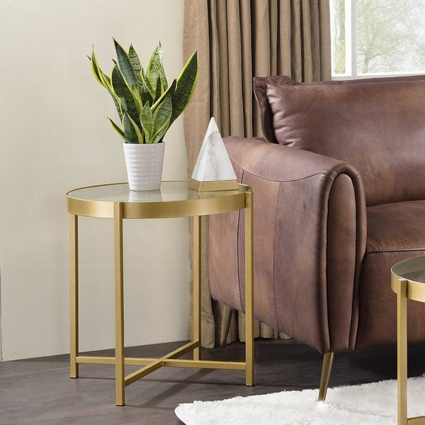 English Elm Charrot Round Tempered Glass End Table with Gold Metal Crossbar Base for Living Room B2726P426722
