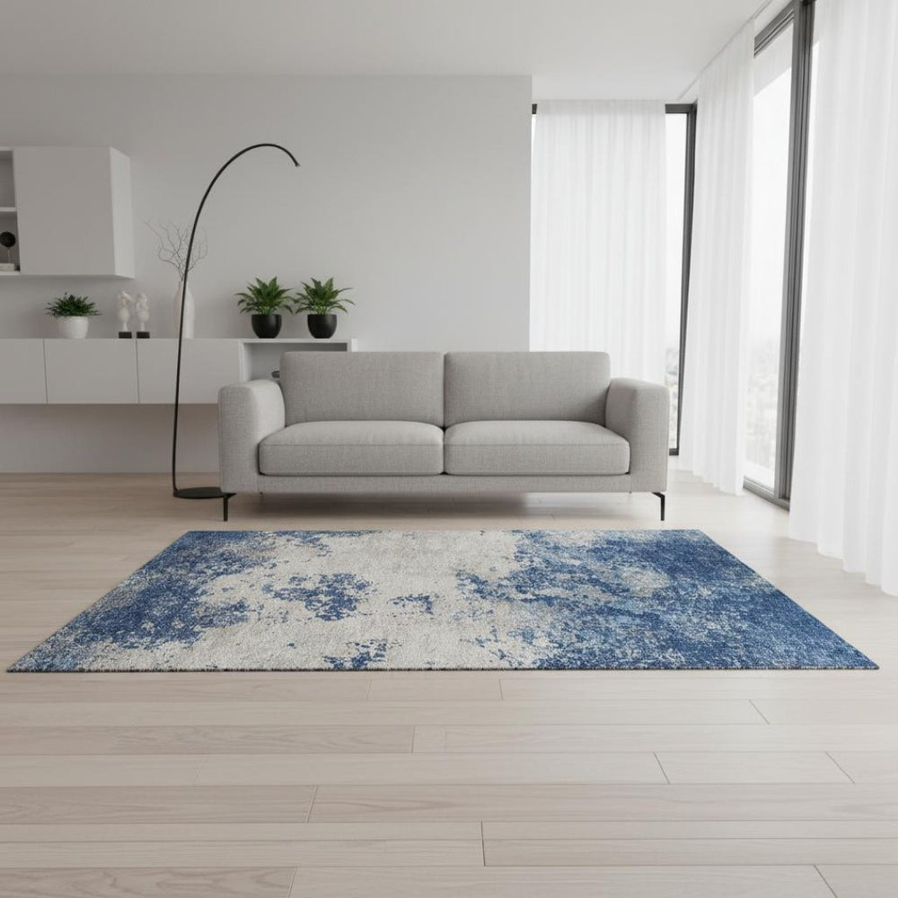 HomeRoots 5' X 8' Navy Blue Ivory Abstract Area Rug – Stain-Resistant, UV Protected & Washable for Easy Care 680659