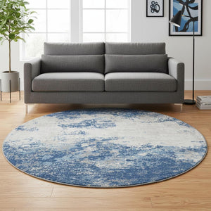 HomeRoots 8' Navy Blue and Ivory Abstract Round Rug - Washable, UV Protected, Durable for High-Traffic Areas 680660