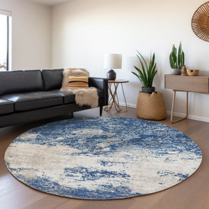 HomeRoots 8' Navy Blue and Ivory Abstract Round Rug - Washable, UV Protected, Durable for High-Traffic Areas 680660