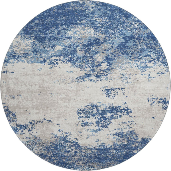 HomeRoots 8' Navy Blue and Ivory Abstract Round Rug - Washable, UV Protected, Durable for High-Traffic Areas 680660