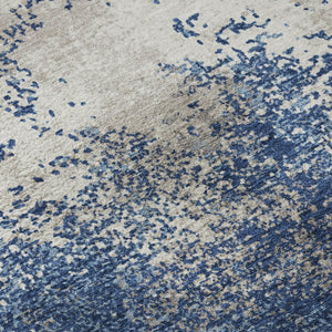 HomeRoots 8' Navy Blue and Ivory Abstract Round Rug - Washable, UV Protected, Durable for High-Traffic Areas 680660