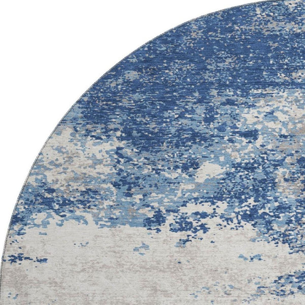 HomeRoots 8' Navy Blue and Ivory Abstract Round Rug - Washable, UV Protected, Durable for High-Traffic Areas 680660