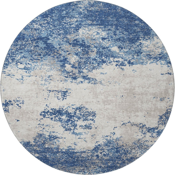 HomeRoots 8' Navy Blue and Ivory Abstract Round Rug - Washable, UV Protected, Durable for High-Traffic Areas 680660
