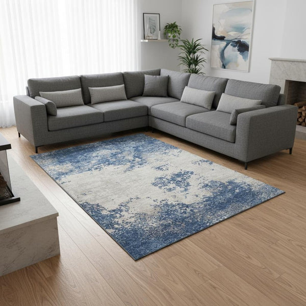 HomeRoots 8' X 10' Navy Blue And Ivory Abstract Area Rug - Washable, UV-Protected, Durable for High-Traffic Homes 680661