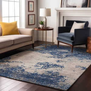 HomeRoots 8' X 10' Navy Blue And Ivory Abstract Area Rug - Washable, UV-Protected, Durable for High-Traffic Homes 680661