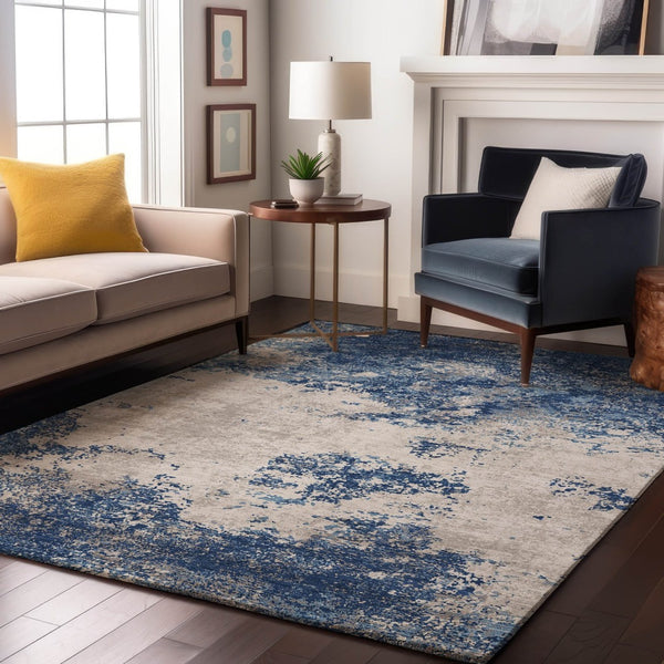 HomeRoots 8' X 10' Navy Blue And Ivory Abstract Area Rug - Washable, UV-Protected, Durable for High-Traffic Homes 680661