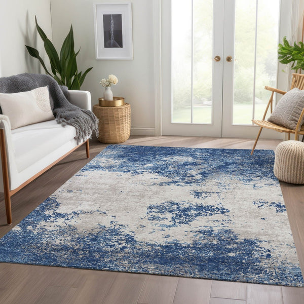HomeRoots 8' X 10' Navy Blue And Ivory Abstract Area Rug - Washable, UV-Protected, Durable for High-Traffic Homes 680661