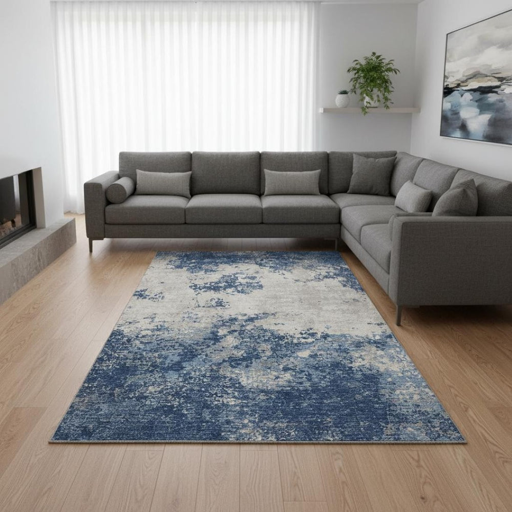 HomeRoots 10' Navy Blue & Ivory Abstract Area Rug - Washable, UV Protected, Durable for Homes with Kids & Pets 680663