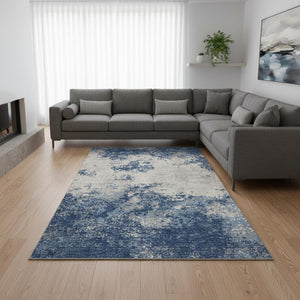 HomeRoots 10' Navy Blue & Ivory Abstract Area Rug - Washable, UV Protected, Durable for Homes with Kids & Pets 680663