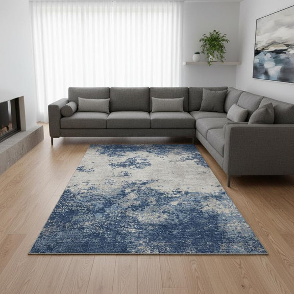 HomeRoots 10' Navy Blue & Ivory Abstract Area Rug - Washable, UV Protected, Durable for Homes with Kids & Pets 680663