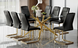English Elm Table Set: Modern 9-Piece Luxurious Transparent Glass Dining Set With 8 Black Pu Chairs & Gold Legs W1151S02590-GIGA