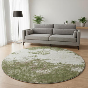 HomeRoots 8' Olive Green and Ivory Abstract Round Rug - Washable, UV-Protected, Stain-Resistant Design for Modern Homes 680666