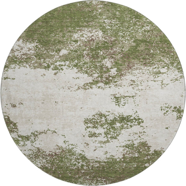 HomeRoots 8' Olive Green and Ivory Abstract Round Rug - Washable, UV-Protected, Stain-Resistant Design for Modern Homes 680666
